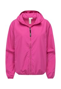 Giacca con cappuccio rosa brillante con cerniera frontale e polsini elastici, progettata per un uso casual.