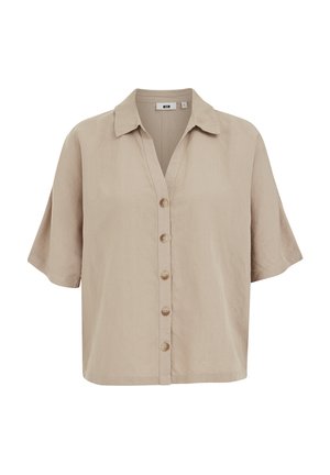 Beige kortærmet skjorte med krave, fem knapper foran og en afslappet pasform.