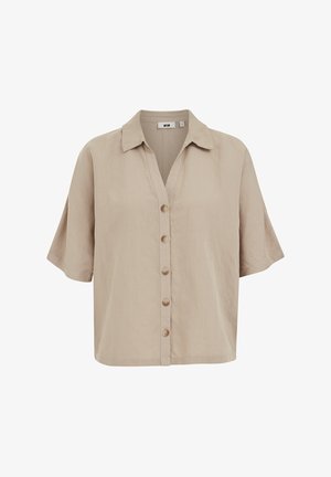 Beež lühikeste varrukatega nööpidega särgi kraaga, ees viis nööpi ja mugav lõige.