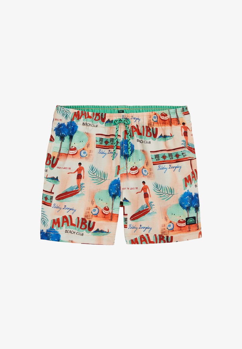 Shorts de bain avec un fond pêche clair, imprimés tropicaux de palmiers, surfeurs et texte, dotés d'une ceinture élastique et d'un cordon de serrage.