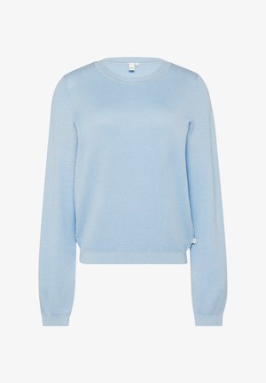 Pull en tricot bleu clair avec des manches longues, un col rond, un motif texturé et un ourlet côtelé. Présente une petite étiquette logo sur le côté.
