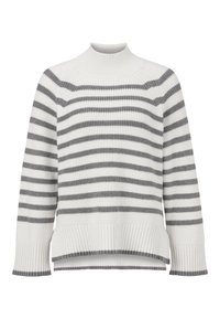 Gestreifter Pullover mit hohem Rippenkragen. Mit abwechselnd weißen und grauen horizontalen Streifen. weiche Stricktextur, breite Rippenbündchen.