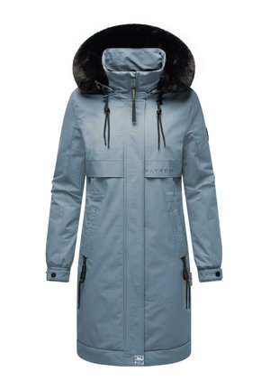 Light blue parka with a fur-trimmed hood, zippered front, two large pockets, drawstring details, and elastic cuffs. Designed for cold weather.