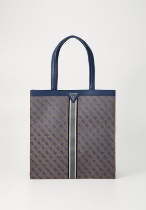 Barna texturált anyagból készült tote táska, navy kiegészítőkkel, középen csíkkal és felül logó részlettel, dupla füllel.