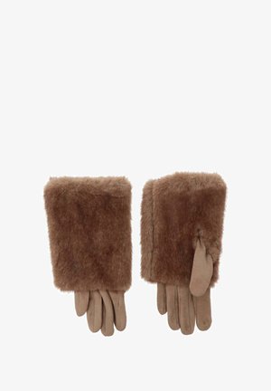 Manoplas de piel marrón con textura suave, diseño sin dedos y apertura para el pulgar que permite destreza. Los bordes acentuados realzan el estilo.