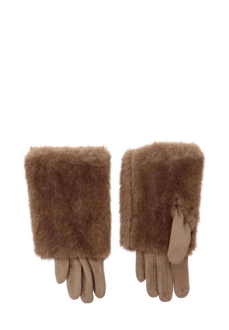 Brązowe futrzane rękawiczki bez palców o miękkiej teksturze, z otworem na kciuk zapewniającym zręczność. Wykończenia podkreślają styl.