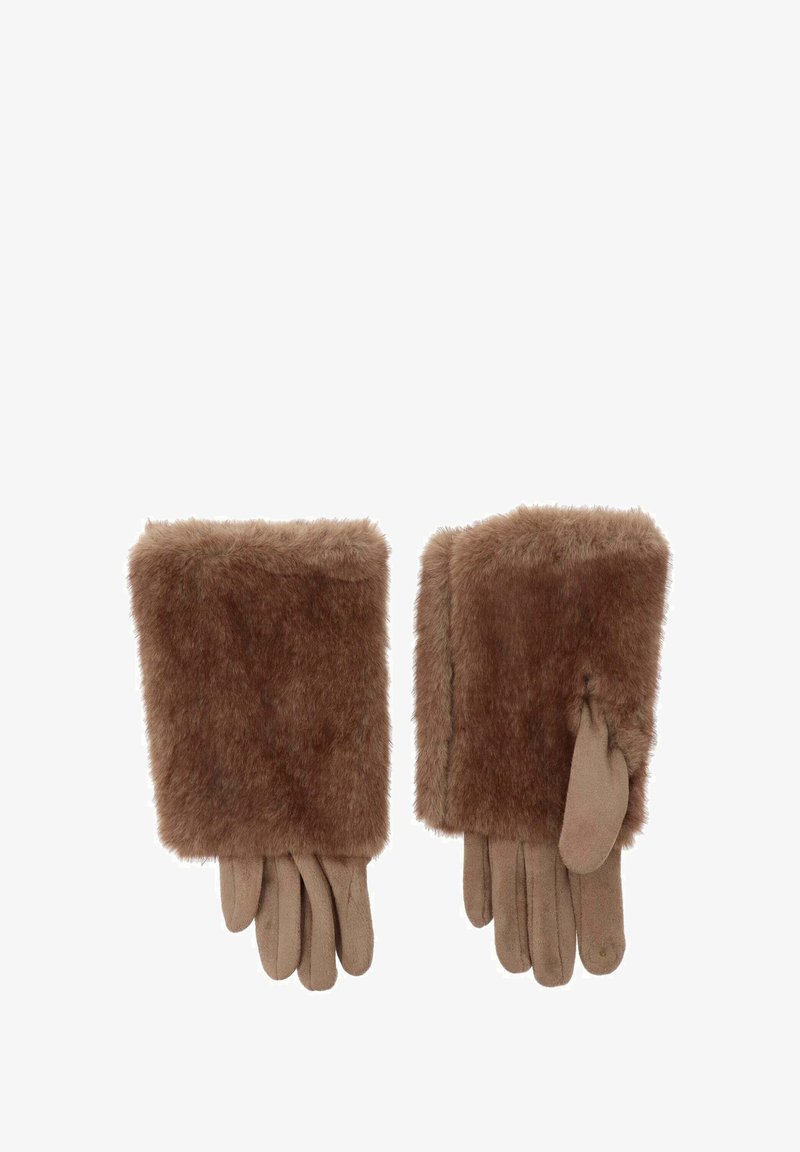 Brązowe futrzane rękawiczki bez palców o miękkiej teksturze, z otworem na kciuk zapewniającym zręczność. Wykończenia podkreślają styl.