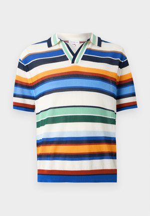Kurzärmeliges Strick-Poloshirt mit mehrfarbigen horizontalen Streifen in Blau, Orange, Grün und Weiß, mit V-Ausschnitt-Kragen mit grünem und marineblauem Besatz.