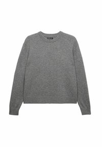 Gray knitted sweater with a round neckline and long sleeves. Features ribbed cuffs and hem, made from soft, textured fabric.