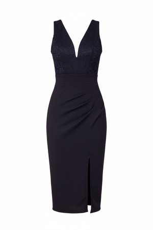 Sort ærmeløs midi-kjole med dyb V-hals, tætsiddende talje, tekstureret overdel og frontslids på skørtet.