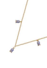 Gold chain necklace featuring three blue flower-shaped pendants, each with a glossy finish and detailed petal accents.