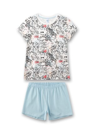 Kurzärmliges Schlafanzugset bestehend aus einem weißen T-Shirt mit schwarzen Graffiti-Mustern und roten Akzenten, kombiniert mit hellblauen Shorts.
