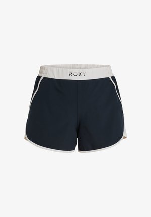 Pantalones cortos deportivos azul marino con una cinturilla elástica blanca, que cuentan con bolsillos laterales y ribetes blancos a lo largo de los bordes. Logo de Roxy en la cinturilla.