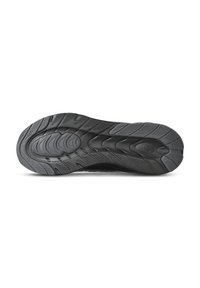 Black rubber shoe sole with textured tread pattern, featuring grooves and raised accents for grip and durability.