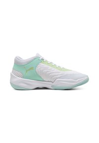 Scarpa sportiva bianca con un upper testurizzato e dettagli in verde menta, pannelli in rete e una suola sagomata per una migliore aderenza.