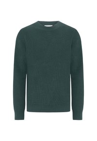 Suéter verde de canalé, cuello redondo, mangas largas, patrón de tejido texturizado, corte regular, tela suave, color sólido en toda la prenda.