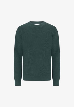 Grüner gerippter Pullover, runder Halsausschnitt, lange Ärmel, strukturierter Strickmuster, normale Passform, weicher Stoff, einfarbig.