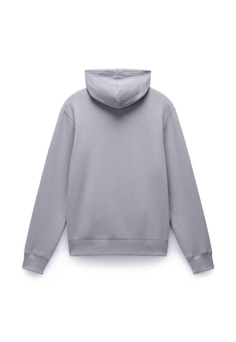 Szara sweatshirt z kapturem wykonana z miękkiego materiału, charakteryzująca się luźnym krojem, długimi rękawami oraz standardowym dołem bez kieszeni i ozdób.