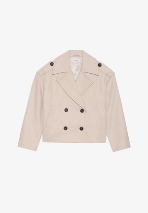 Beez värvi lühike kahekordse nööpidega villa mantel, millel on laiad kraed, kaks esikotti ja mustad nööbid ees ja õlavarre epaulettidel.