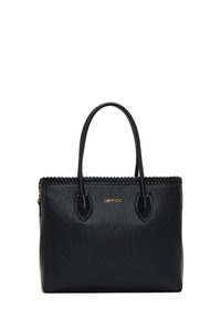 Sac fourre-tout en cuir noir avec finition texturée, deux poignées arrondies, détails de surpiqure et un logo doré à l'avant.