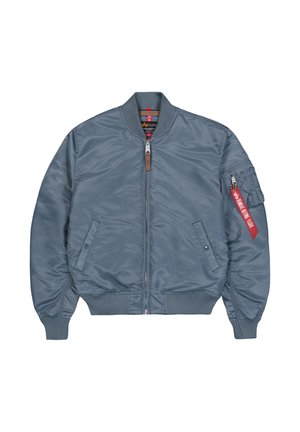 Šedá bomber bunda se zipem vpředu, žebrovanými manžetami a lemem, bočními kapsami a kapsou na rukávu se zipem a červenou visačkou. Hladký saténový povrch.