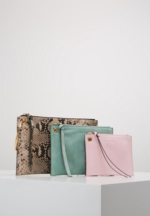 Three zippered pouches in varying sizes: one in snake print with a gold accent, one in green suede, and one in pink leather with black trim.