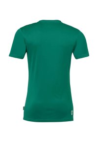 Grøn kortærmet sportsskjorte, lavet af syntetisk materiale, med en glat tekstur, rund hals og et logo trykt på venstre nederste side.