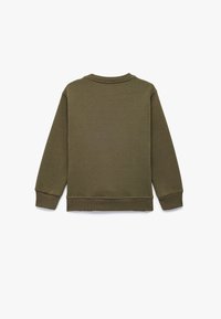Olijfgroene sweatshirt met lange mouwen, ribbelmanchetten en -tailleband. Soepele textuur met een ronde hals en geen zichtbare graphics of patronen.