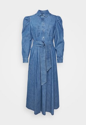 Niebieska sukienka midi z denimu z bufkowymi długimi rękawami, guzikami z przodu, kieszeniami na piersiach, kołnierzykiem i materiałowym paskiem zawiązanym w talii.