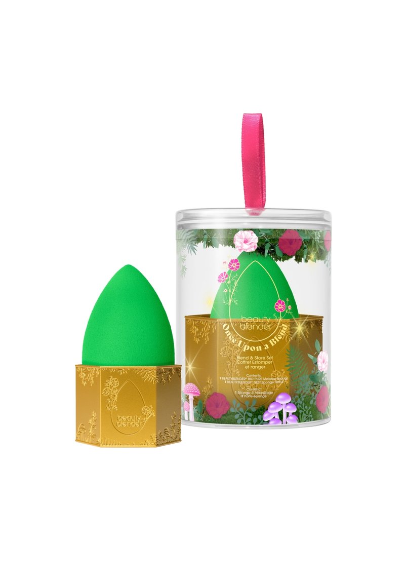 Groene mengspons in een gouden octagonale basis, verpakt in een heldere cilindervormige container met bloemaccenten en een roze lint-handvat.