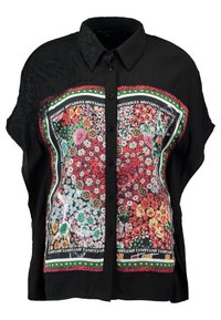 Chemise noire à manches courtes avec boutons, détail en dentelle aux épaules et imprimé vibrant d'un foulard floral multicolore encadré d'étoiles vertes et jaunes.