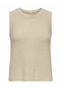 Beige mouwloze gebreide top met een ronde halslijn, met een textuur stof en een rechte zoom. Geen zichtbare patronen of accenten.