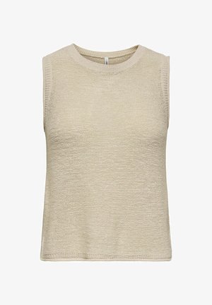 Beige mouwloze gebreide top met een ronde halslijn, met een textuur stof en een rechte zoom. Geen zichtbare patronen of accenten.