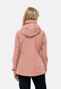 Water-resistant pink jacket with a hood, featuring elastic cuffs and a slightly curved hem. Smooth texture, minimalist design, no visible hardware.