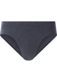 Dunkelgraue Herren Slip-Unterwäsche mit elastischem Taillenbund und genähten Konturdetails auf der Vorderseite.