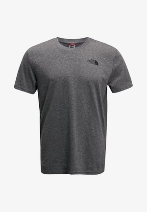 Tummanharmaa lyhythihainen crew neck -t-paita, jossa on pieni musta "The North Face" -logo vasemmalla rinnalla.