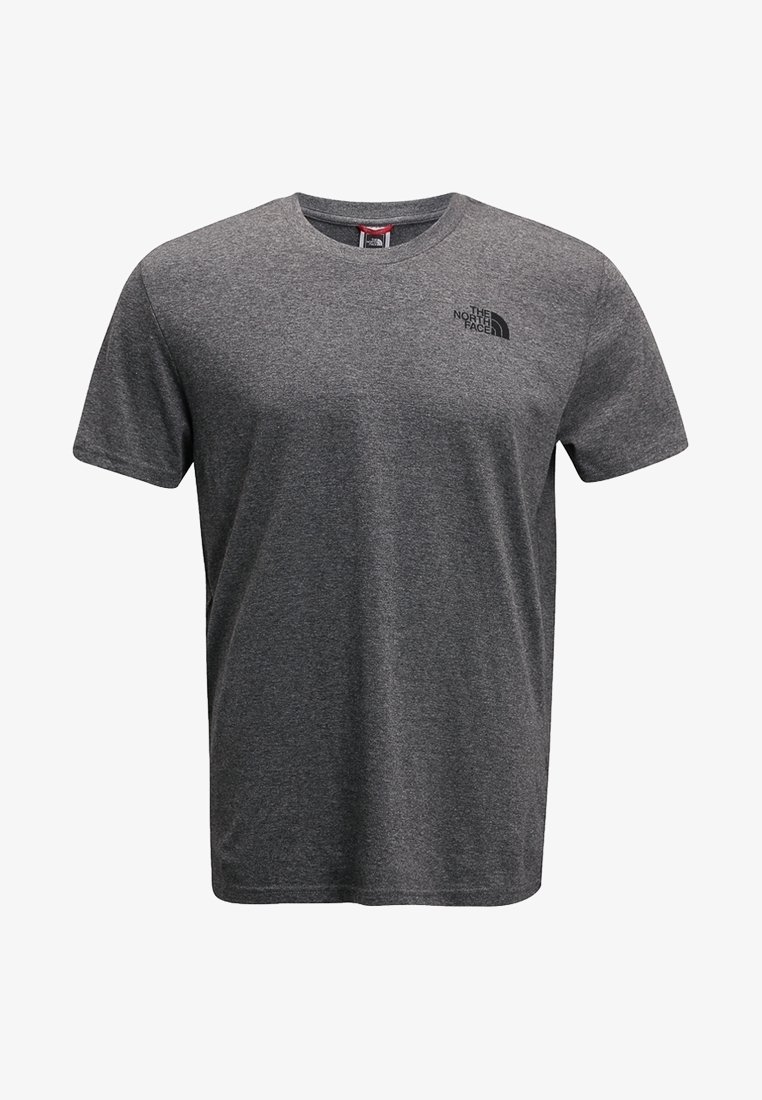 Ciemnoszara koszulka z krótkim rękawem i okrągłym dekoltem z małym czarnym logo "The North Face" po lewej stronie klatki piersiowej.