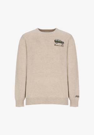 Maglione beige con collo tondo. Presenta una grafica di un veicolo verde e la scritta "WonderLAND" sul petto. Polsini e orlo a coste.