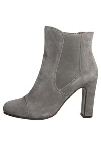 Szary zamszowy botek za kostkę z elastycznym bokiem i wysokim, blokowym obcasem, z przeszyciami i zaokrąglonym noskiem.