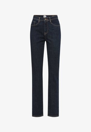 Dunkelblaue Denim-Jeans mit geradem Bein, fünf Taschen und kontrastierenden orangefarbenen Nähten sowie einem Knopf- und Reißverschluss.