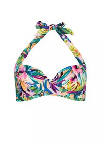 Top bikini w soczystym tropikalnym wzorze, zawierającym zielone liście i różowe kwiaty, z dekoltem halter i regulowanym wiązaniem z tyłu.