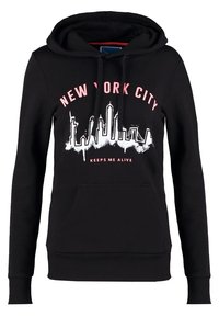 Černá mikina s kapucí, na které je grafika siluety New Yorku v bílé a růžové barvě, s textem "Udržuje mě naživu" níže. Měkký materiál, klokanková kapsa.