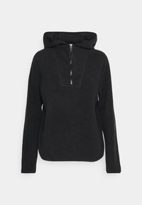 Zwarte fleece pullover met een capuchon, voorzien van een halve ritssluiting aan de voorkant en een gestructureerde stof. Rechthoekige mouwen en een eenvoudig ontwerp.