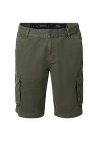 Olijfgroene heren cargo shorts met knoop- en ritsluiting, ceintuurlussen, zijzakken en een klepzak op elke dij, maat W34.