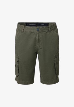 Olive green men's cargo shorts with button and zip closure, belt loops, side pockets, and flap pocket on each thigh, size W34.