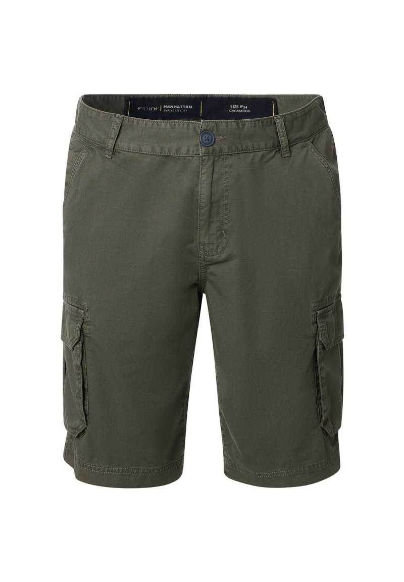 Olijfgroene heren cargo shorts met knoop- en ritsluiting, ceintuurlussen, zijzakken en een klepzak op elke dij, maat W34.