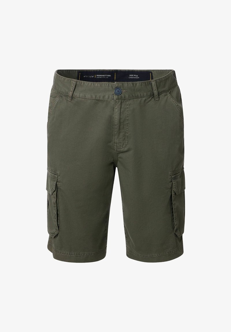 Olijfgroene heren cargo shorts met knoop- en ritsluiting, ceintuurlussen, zijzakken en een klepzak op elke dij, maat W34.