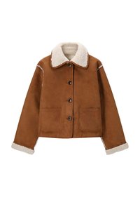 Bordeaux suède jasje met een crèmekleurige schapenvacht kraag, knoopsluiting aan de voorkant en twee voorzakken. Bevat bijpassende schapenvachtaccenten op de manchetten.