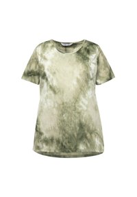 Camiseta de tie-dye verde oliva con cuello redondo, mangas cortas y un corte relajado, hecha de una tela suave y ligera.