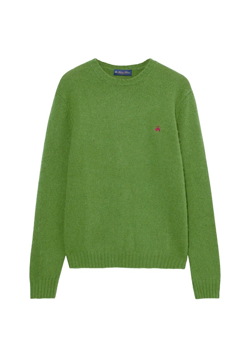 Grüner gestrickter Pullover mit langen Ärmeln, rundem Halsausschnitt, weichem Material und kleinem rosa Logo auf der linken Seite. Gerippter Saum und Bündchen.